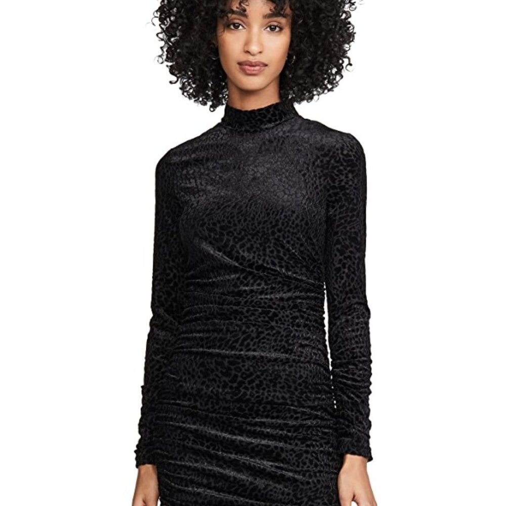 LIKELY Leopard Burnout Wylie Dress Size 2 Black Ruched Long Sleeve Mock Neck - Picture 3 of 10